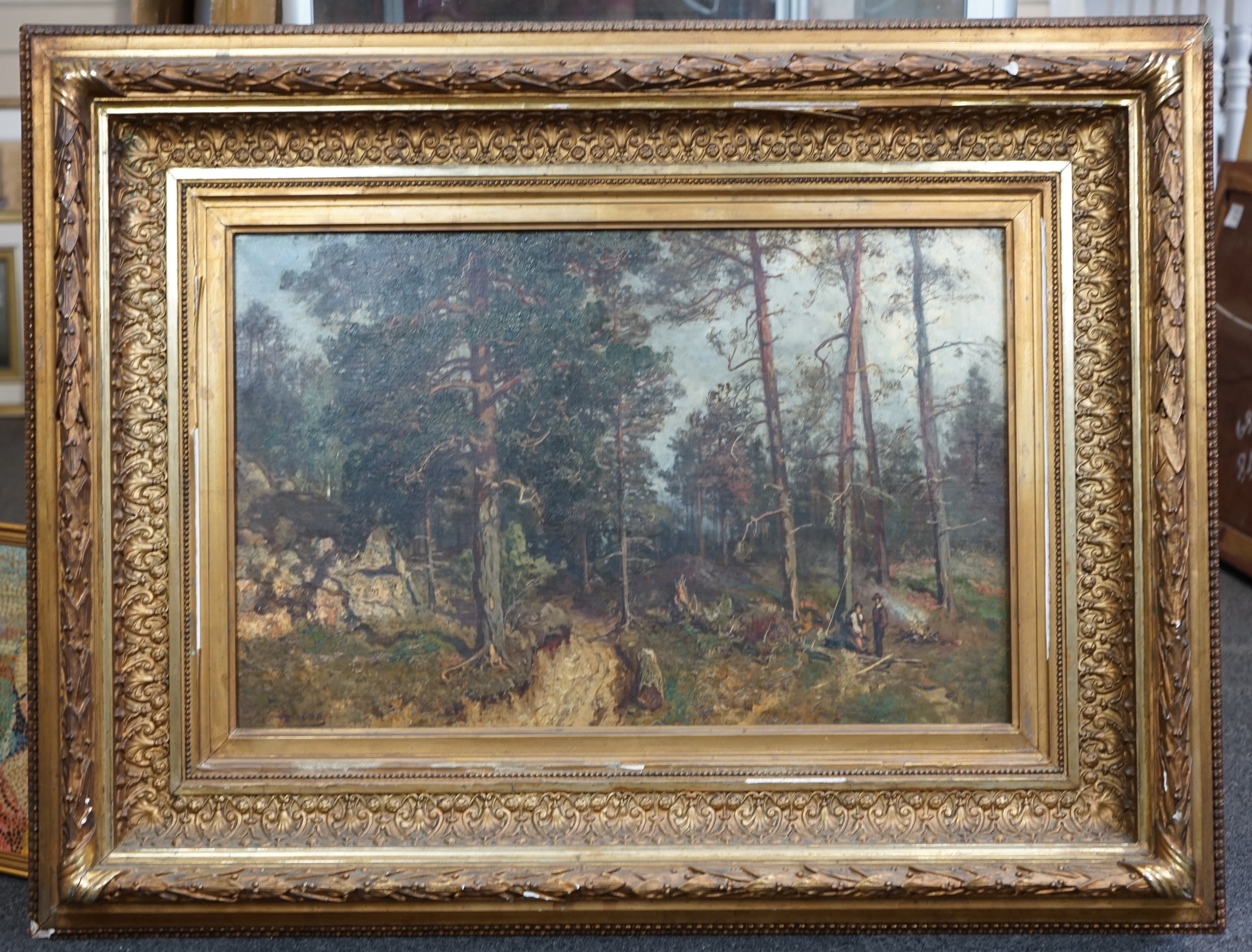 Morten Müller (Norwegian, 1828-1911), Woodmen in a forest clearing, oil on canvas, 40 x 62cm